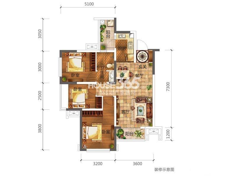 合能璞丽a3户型 3室2厅1卫1厨 79.00㎡