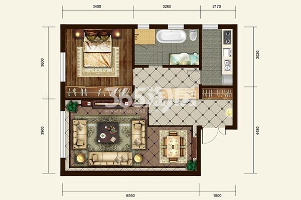 公寓标准层C1户型 1室2厅1卫 83平米